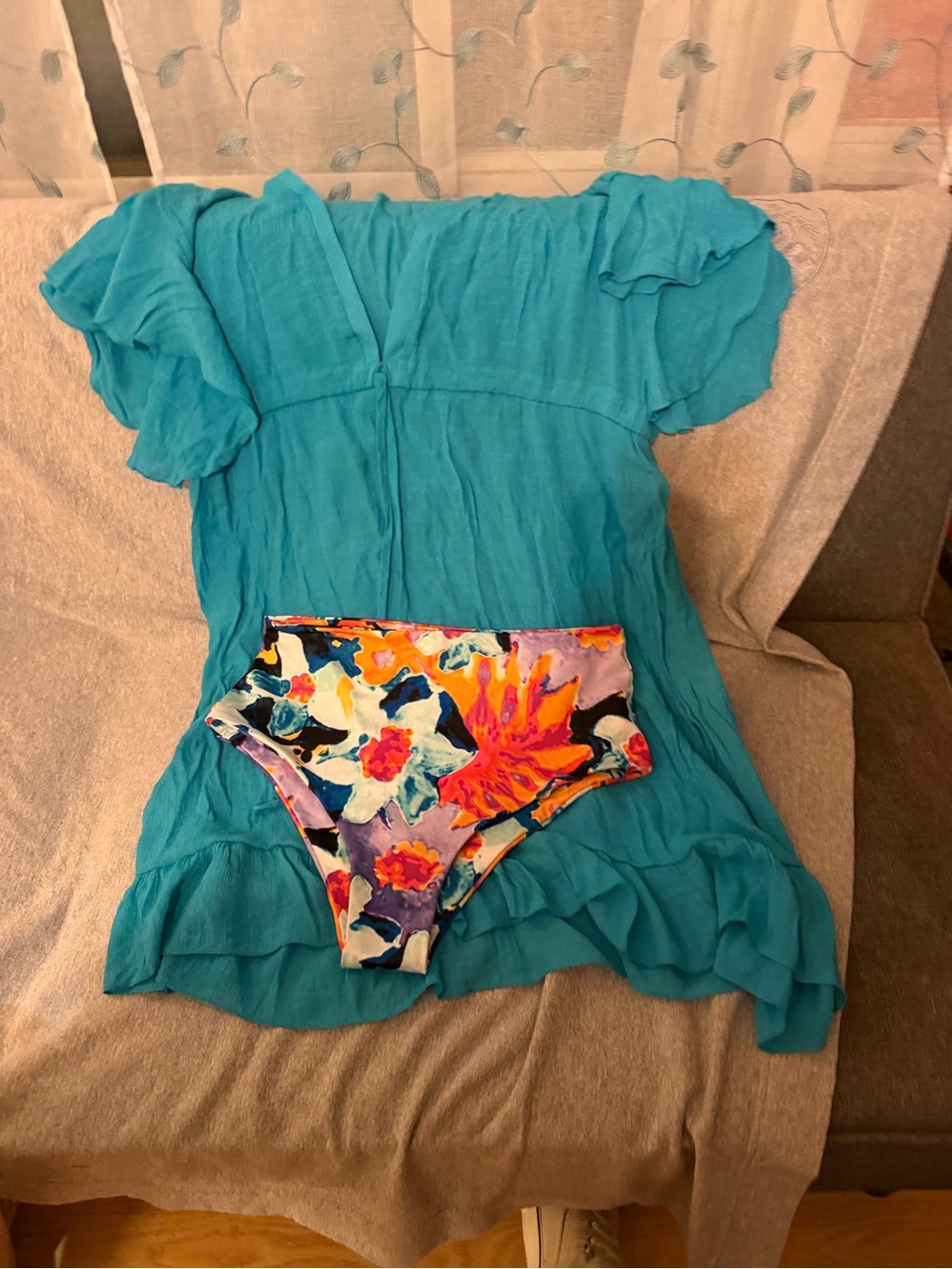 Women’s  Turquoise Cover-Up with Floral Bikini Bottom